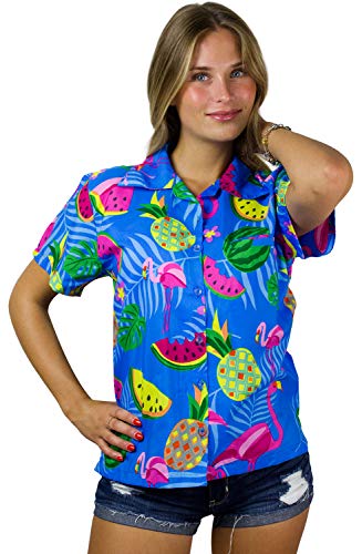 King Kameha Funky Hawaiibluse, Hawaiihemd, Kurzarm, Flamingo Melon, Indigoblau, 3XL von King Kameha