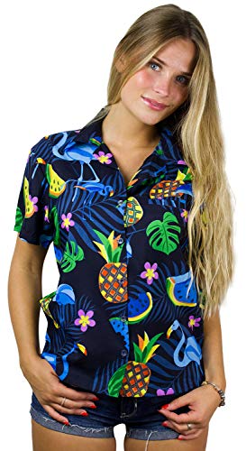 King Kameha Funky Hawaiibluse, Hawaiihemd, Kurzarm, Flamingo Melon, Schwarz Blaue Flamingos, M von King Kameha