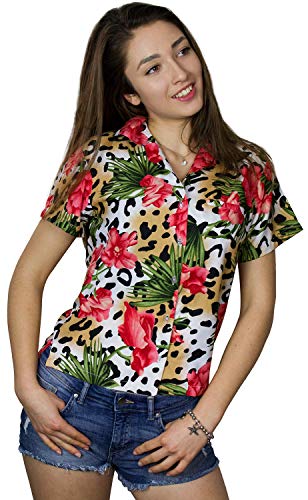 King Kameha Funky Hawaiibluse, Hawaiihemd, Kurzarm, Leopard Flowers, Beige Natur, XL von King Kameha