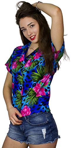 King Kameha Funky Hawaiibluse, Hawaiihemd, Kurzarm, Leopard Flowers, Blau, S von King Kameha