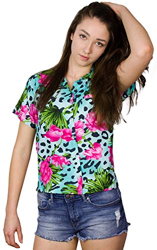 King Kameha Funky Hawaiibluse, Hawaiihemd, Kurzarm, Leopard Flowers, Hellblau, XXL von King Kameha