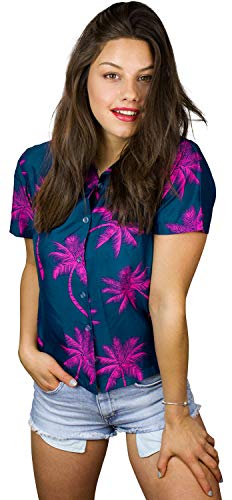 King Kameha Funky Hawaiibluse, Hawaiihemd, Kurzarm, Palmshadow, Petrolgrün Pink, 3XL von King Kameha