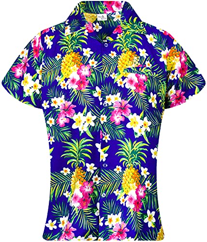 King Kameha Funky Hawaiibluse, Hawaiihemd, Kurzarm, Print Pineapple Flowers, Blau, M von King Kameha