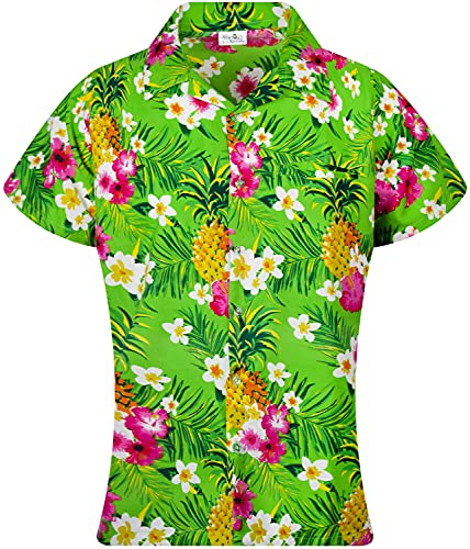 King Kameha Funky Hawaiibluse, Hawaiihemd, Kurzarm, Print Pineapple Flowers, Grün, S von King Kameha