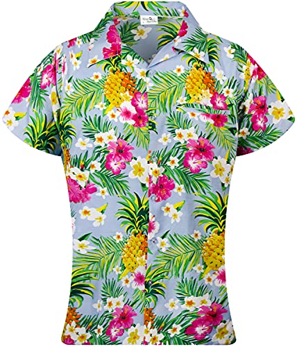 King Kameha Funky Hawaiibluse, Hawaiihemd, Kurzarm, Print Pineapple Flowers, Hellblau, XL von King Kameha