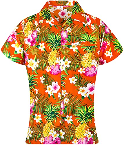 King Kameha Funky Hawaiibluse, Hawaiihemd, Kurzarm, Print Pineapple Flowers, Orange, M von King Kameha