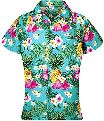 King Kameha Funky Hawaiibluse, Hawaiihemd, Kurzarm, Print Pineapple Flowers, Türkis, XL von King Kameha