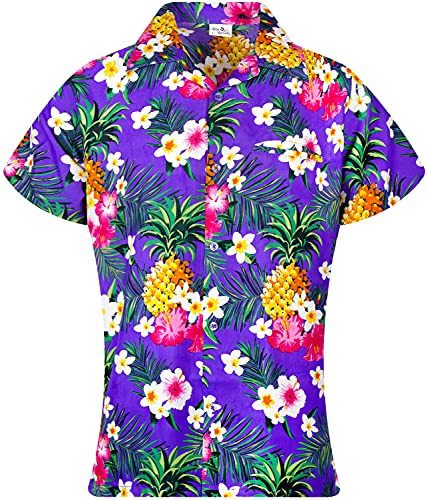 King Kameha Funky Hawaiibluse, Hawaiihemd, Kurzarm, Print Pineapple Flowers, Violett, L von King Kameha