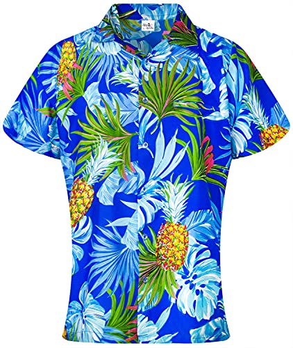 King Kameha Funky Hawaiibluse, Hawaiihemd, Kurzarm, Print Pineapple Leaves, Blau, XL von King Kameha