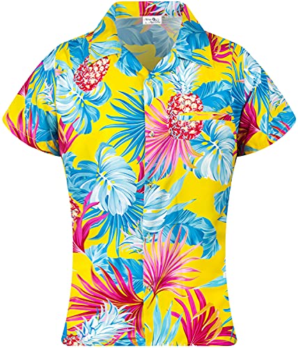 King Kameha Funky Hawaiibluse, Hawaiihemd, Kurzarm, Print Pineapple Leaves, Gelb, L von King Kameha