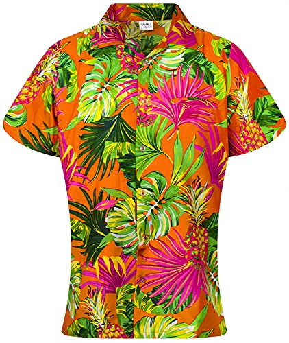 King Kameha Funky Hawaiibluse, Hawaiihemd, Kurzarm, Print Pineapple Leaves, Orange, XXL von King Kameha