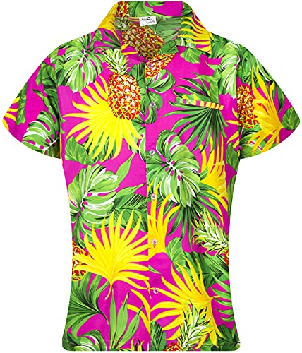 King Kameha Funky Hawaiibluse, Hawaiihemd, Kurzarm, Print Pineapple Leaves, Pink, XXL von King Kameha