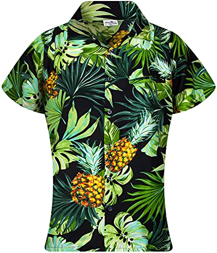 King Kameha Funky Hawaiibluse, Hawaiihemd, Kurzarm, Print Pineapple Leaves, Schwarz, S von King Kameha