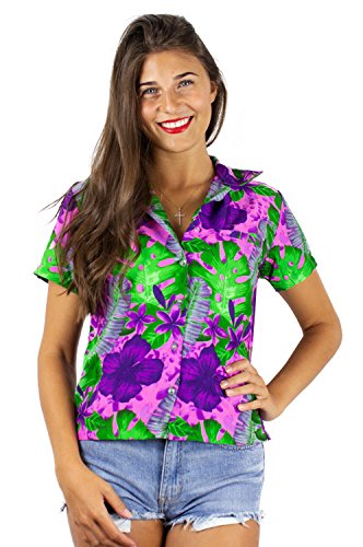 King Kameha Funky Hawaiibluse Hawaiihemd, Kurzarm, Grüne Blätter Lila Blüten, Pink, M von King Kameha