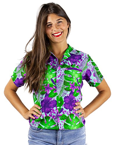 King Kameha Funky Hawaiibluse Hawaiihemd, Kurzarm, Grüne Blätter Lila Blüten, Türkis, L von King Kameha