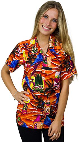 King Kameha Funky Hawaiibluse Hawaiihemd, Kurzarm, Papagei-Bierflaschen New, Orange, XL von King Kameha