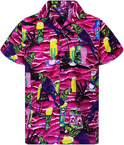 King Kameha Funky Hawaiibluse Hawaiihemd, Kurzarm, Papagei-Bierflaschen New, Pink, XL von King Kameha