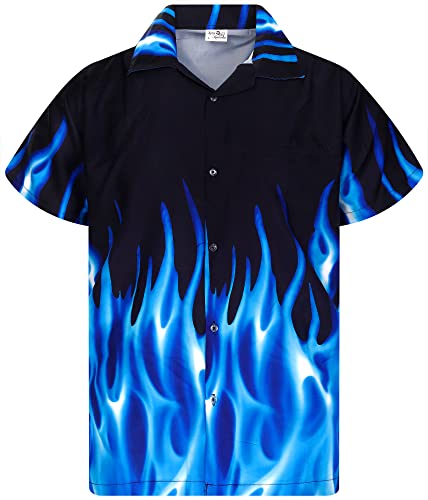 King Kameha Funky-Hawaii-Hemd, Herren, Kurzarm, Flames, Blau, XS von King Kameha