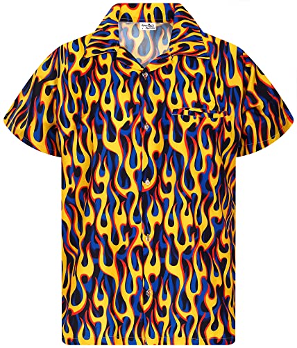 King Kameha Funky Hawaiihemd, Flammenhemd, Flammenshirt, Herren, Kurzarm, Flames Allover, Gelb Blau, 4XL von King Kameha