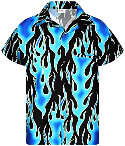 King Kameha Funky Hawaiihemd, Flammenhemd, Flammenshirt, Herren, Kurzarm, Flames Wild, Blau, 5XL von King Kameha