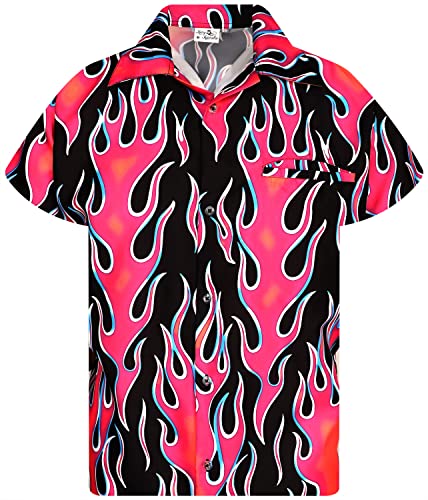 King Kameha Funky Hawaiihemd, Flammenhemd, Flammenshirt, Herren, Kurzarm, Flames Wild, Pink, 3XL von King Kameha