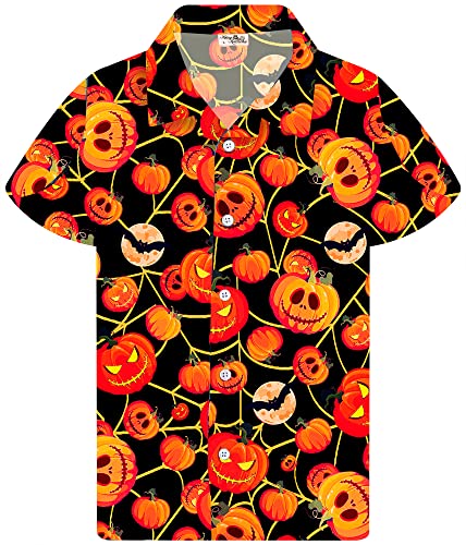 King Kameha Funky Hawaiihemd, Halloween, Herren, Kurzarm, Pumpkin Web, Rot, 4XL von King Kameha