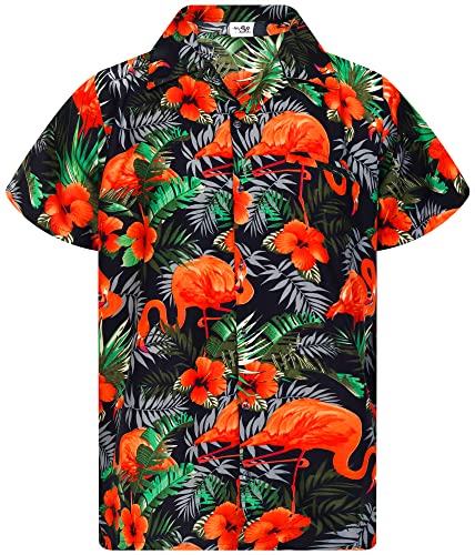 King Kameha Funky Hawaiihemd, Herren, Kurzarm, Flamingo Flowers Print, Schwarz Orange, M von King Kameha