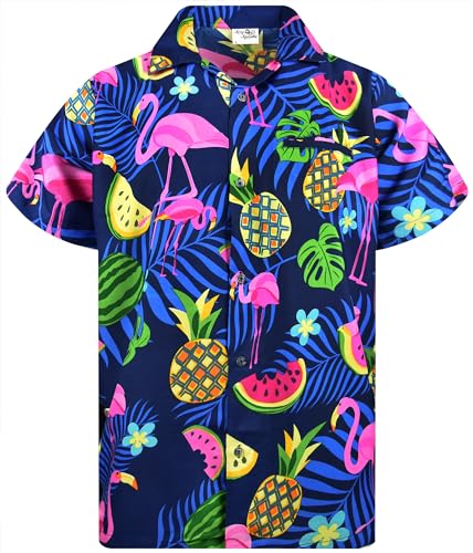 King Kameha Funky Hawaiihemd, Herren, Kurzarm, Flamingo Melon,Blau, L von King Kameha