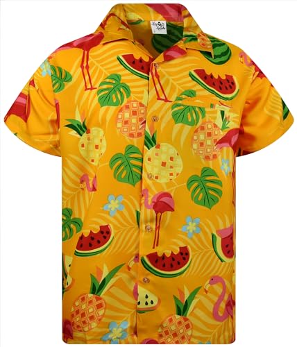 King Kameha Funky Hawaiihemd, Herren, Kurzarm, Flamingo Melon,Gelb, XL von King Kameha