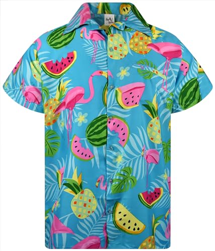 King Kameha Funky Hawaii-Hemd, Herren, Kurz-Arm, JK-Flamingo-Melon-Print, Türkis, XL von King Kameha