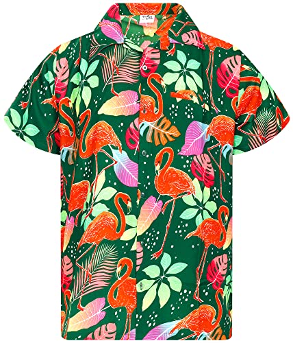 King Kameha Funky Hawaiihemd, Herren, Kurzarm, Funky Flamingos Print, Dunkelgrün, M von King Kameha