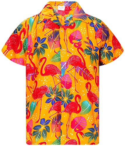 King Kameha Funky Hawaiihemd, Herren, Kurzarm, Funky Flamingos Print, Gelb, 5XL von King Kameha