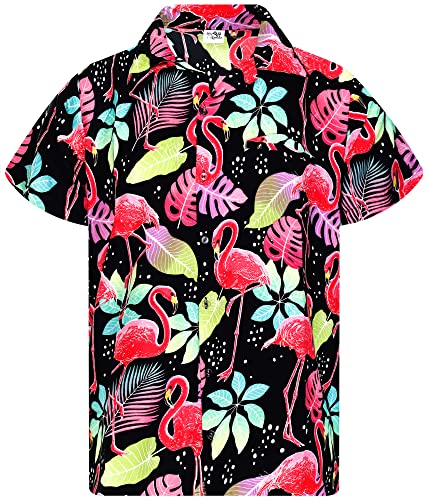 King Kameha Funky Hawaiihemd, Herren, Kurzarm, Funky Flamingos Print, Schwarz, 4XL von King Kameha