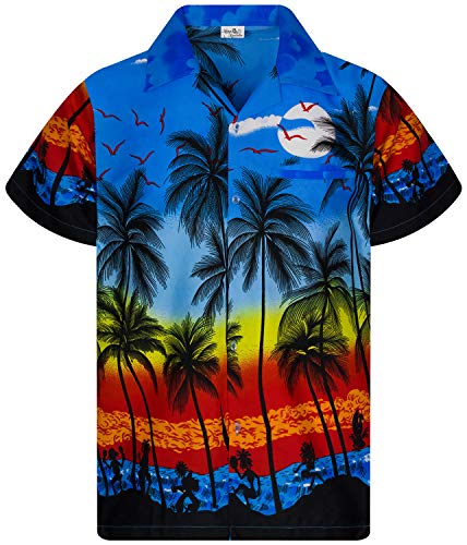 King Kameha Funky Hawaiihemd, Herren, Kurzarm, Print Beach, Blau, 8XL von King Kameha