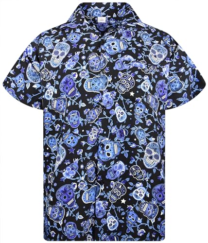 King Kameha Funky Hawaiihemd, Herren, Kurzarm, Skulls, Schwarz Blau, 5XL von King Kameha