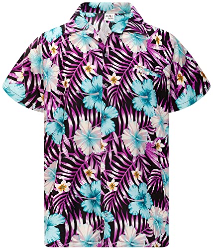 King Kameha Funky Hawaii-Hemd, Herren, Kurzarm, Tropical-Hibiscus, Schwarz-Violett, XS von King Kameha