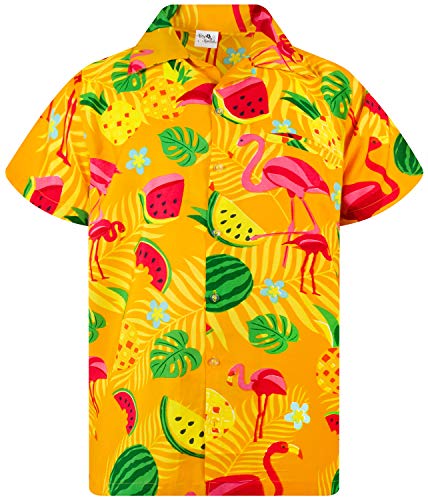 King Kameha Funky Hawaiihemd, Kurzarm, Flamingos Melonen, Gelb, XS von King Kameha