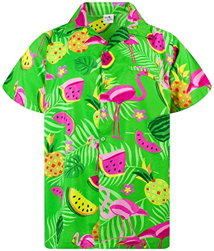 King Kameha Funky Hawaiihemd, Kurzarm, Flamingos Melonen, Grün, 3XL von King Kameha