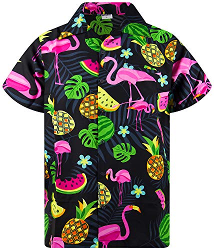 King Kameha Funky Hawaiihemd, Kurzarm, Flamingos Melonen, Schwarz, 6XL von King Kameha
