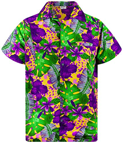 King Kameha Funky Hawaiihemd, Kurzarm, Grüne Blätter Lila Blüten, Orange Gelblich, 3XL von King Kameha