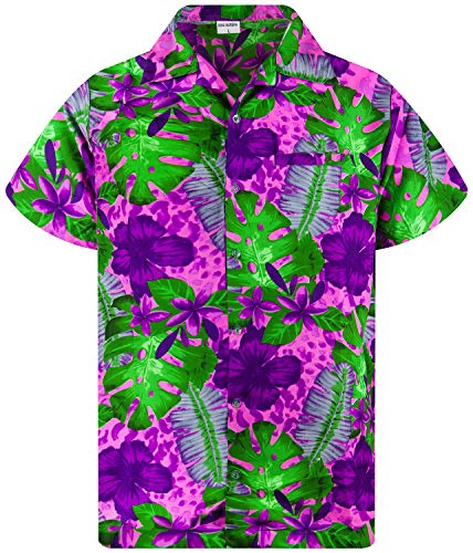 King Kameha Funky Hawaiihemd, Kurzarm, Grüne Blätter Lila Blüten, Pink, 3XL von King Kameha