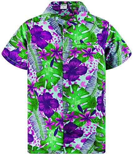 King Kameha Funky Hawaiihemd, Kurzarm, Grüne Blätter Lila Blüten, Türkis, 5XL von King Kameha
