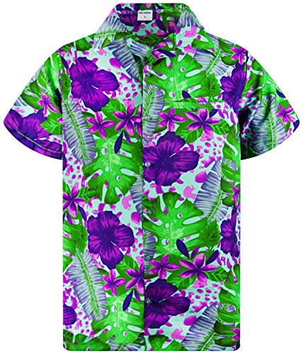 King Kameha Funky Hawaiihemd, Kurzarm, Grüne Blätter Lila Blüten, Türkis, L von King Kameha