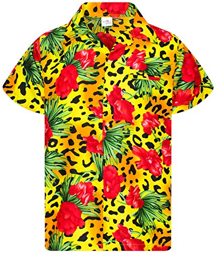 King Kameha Funky Hawaiihemd, Kurzarm, Leopard Flowers, Gelb, 5XL von King Kameha