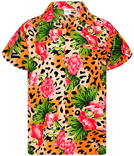 King Kameha Funky Hawaiihemd, Kurzarm, Leopard Flowers, Orange, 5XL von King Kameha