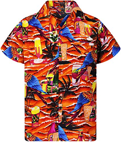 King Kameha Funky Hawaiihemd, Kurzarm, Papagei-Bierflaschen New, Orange, L von King Kameha