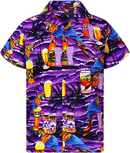 King Kameha Funky Hawaiihemd, Kurzarm, Papagei-Bierflaschen New, Violett, 5XL von King Kameha