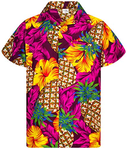 King Kameha Funky Hawaiihemd, Kurzarm, Pineapple Hibiscus, Pink, XS von King Kameha