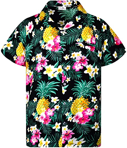 King Kameha Funky Hawaiihemd, Kurzarm, Print Pineapple Flowers, Schwarz, 5XL von King Kameha
