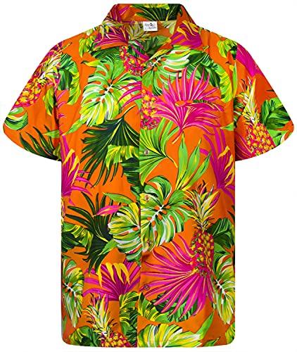 King Kameha Funky Hawaiihemd, Kurzarm, Print Pineapple Leaves, Orange, 6XL von King Kameha